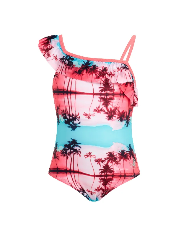 Wax Comb -Toddler Girls' Ruffled Palm-Print One-Piece Swimsuit - Pink & Aqua