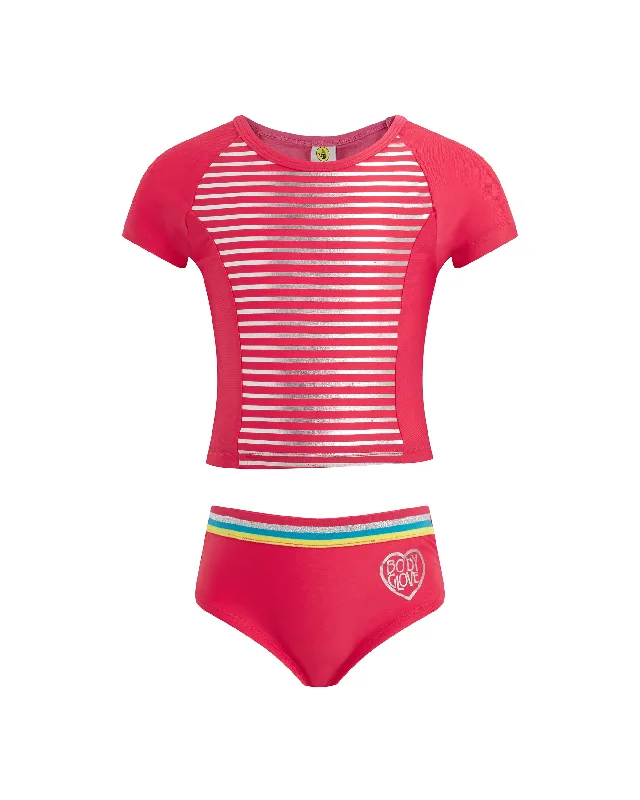 Surfboard Griptape -Girls' Striped Short-Sleeve Two-Piece Swimsuit (4-6X) - Pink