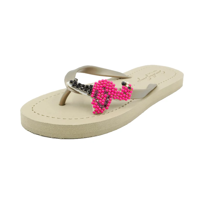 Surf Shoes -Pink Flamingo - Embroidered Flat Flip Flops Sandal