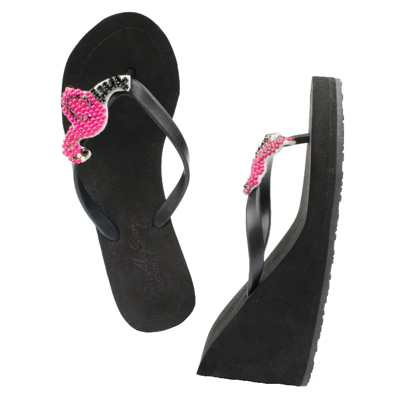 Surfboard Fins -Flamingo - Pink Rhine Stone Embellished Women's High Wedge Flip Flops Sandal